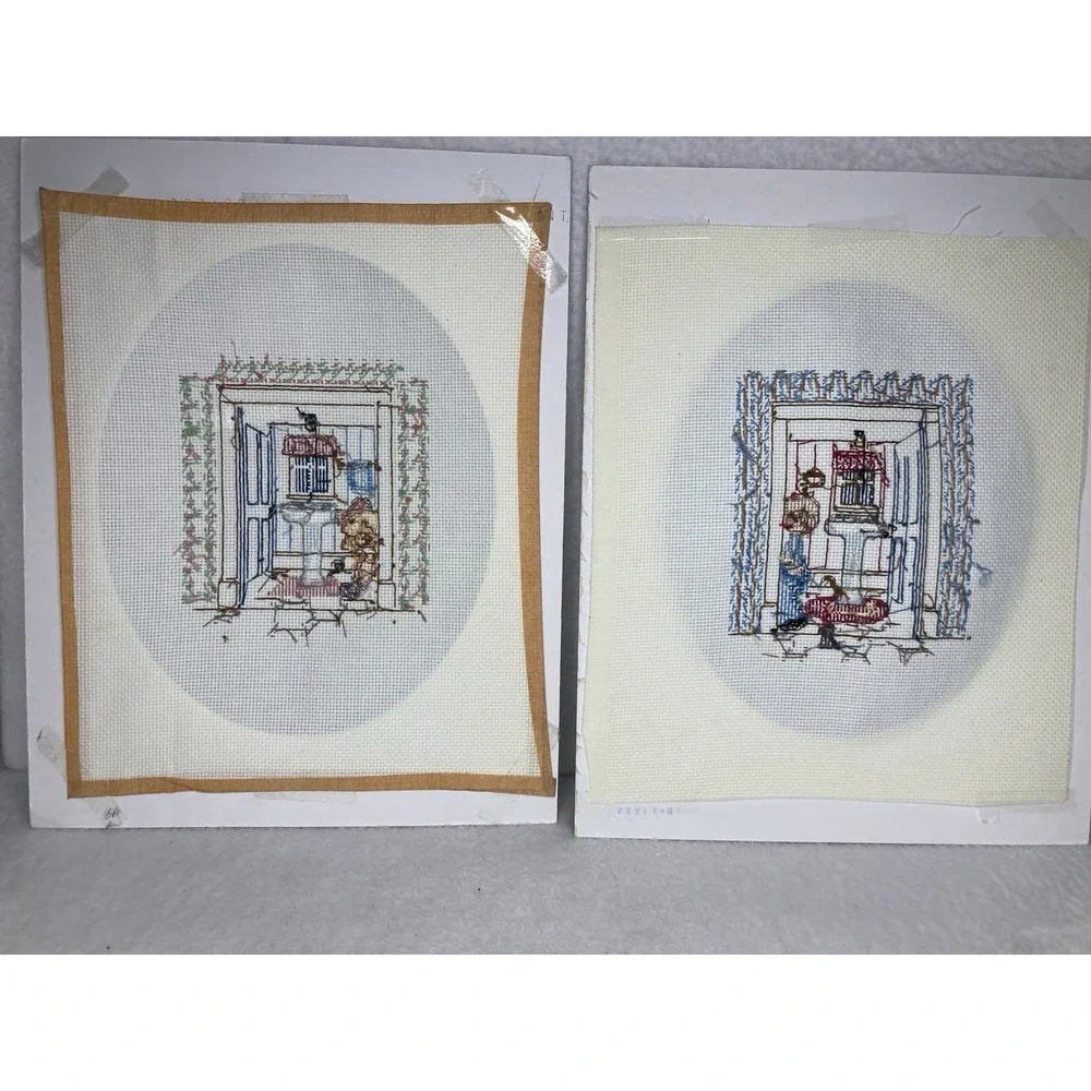 Vintage Counted Cross Stitch Bathroom Boy Girl Wall Art Pair Humor Matted Decor
